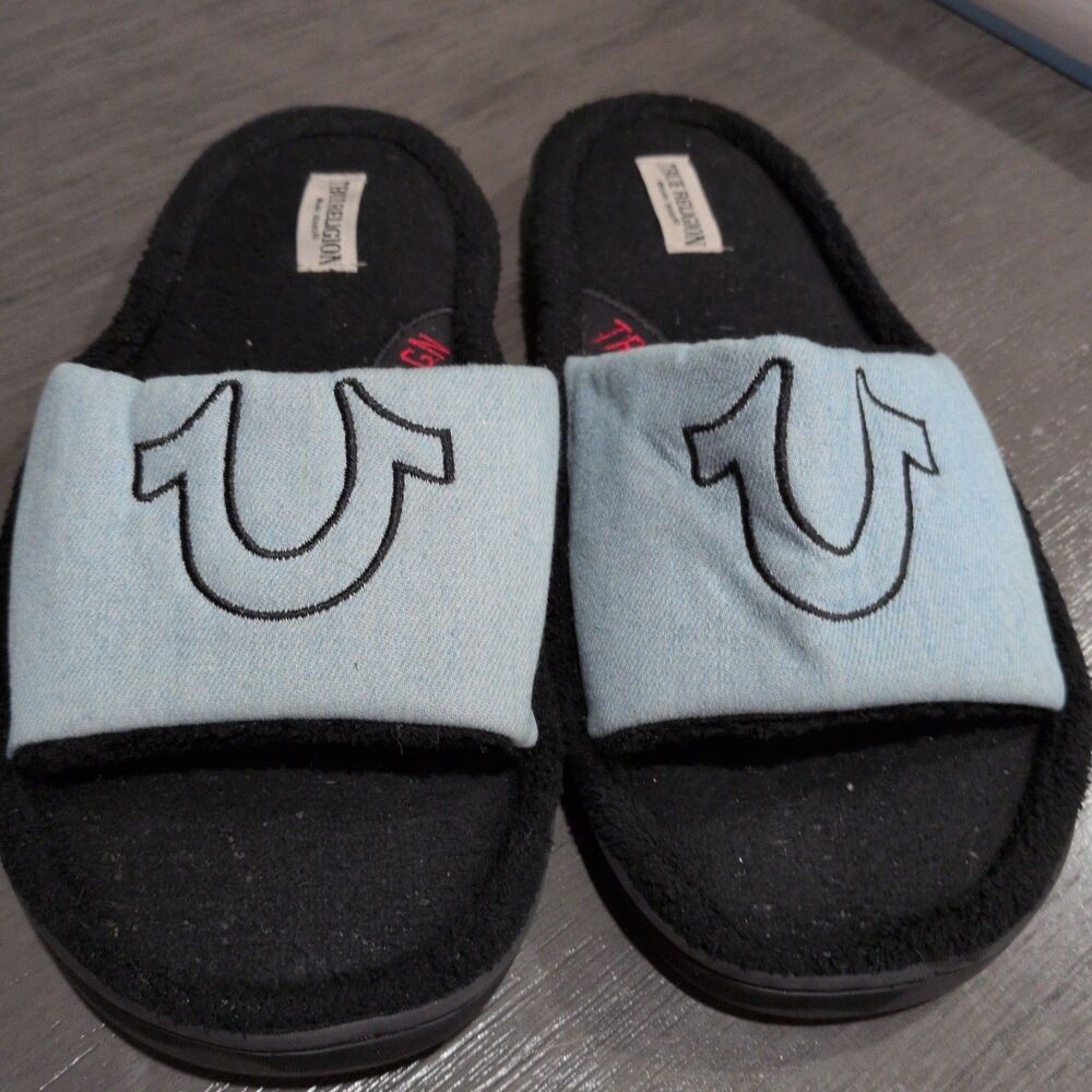 True Religion Men's Denim Slide Slippers Blue Red Horseshoe Logo Size M 9-10